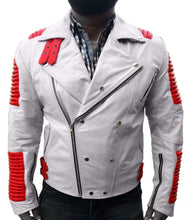 Load image into Gallery viewer, Men White Red Motorbike Leather Jacket, Classic Trendy Scooter Fashion Jacket - leathersguru
