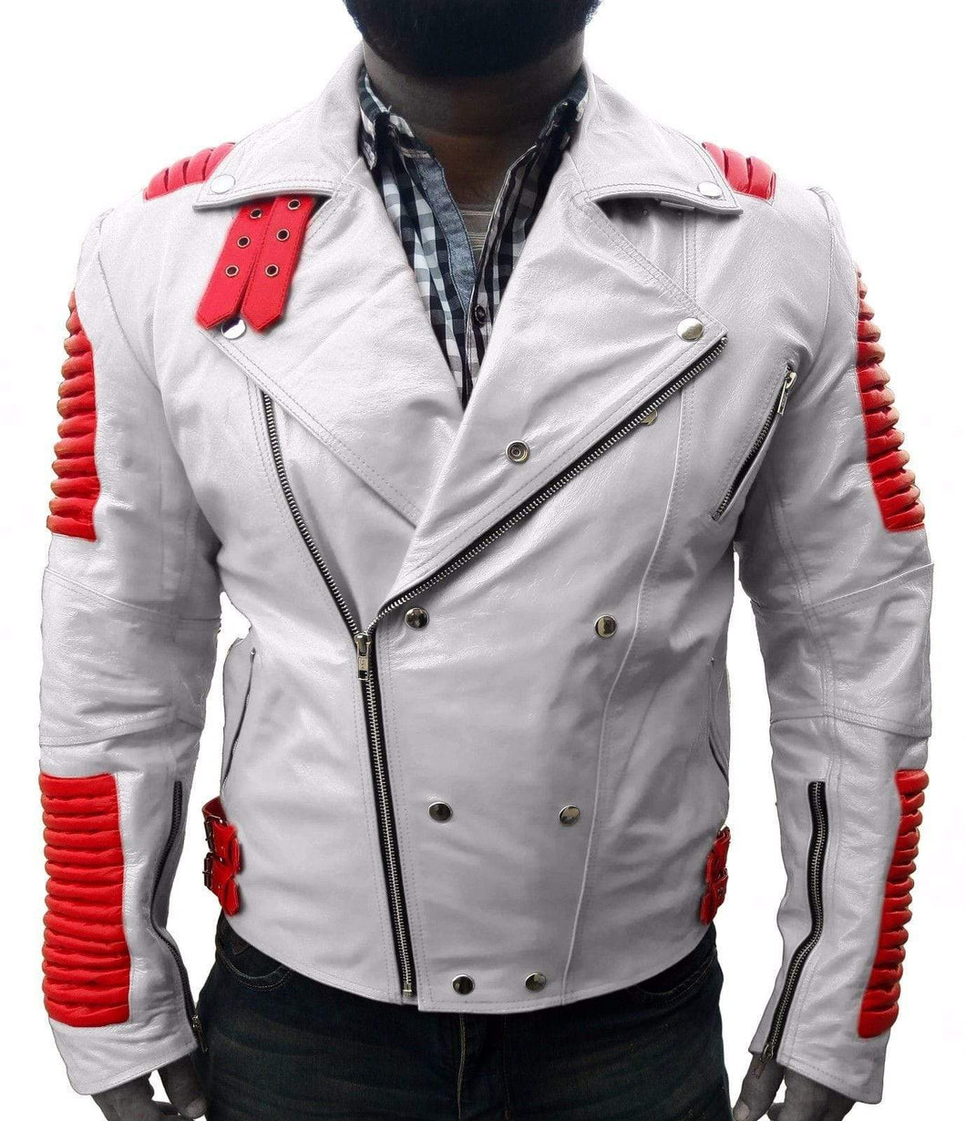 Men White Red Motorbike Leather Jacket, Classic Trendy Scooter Fashion Jacket - leathersguru