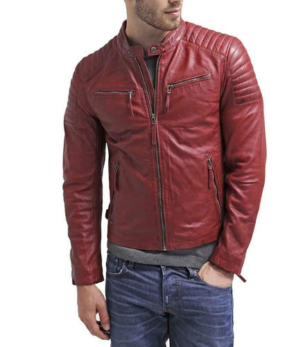 Men's New Maroon Zipper Padded Motorbike Leather Jacket, Classic Trendy Scooter Fashion Jacket - leathersguru