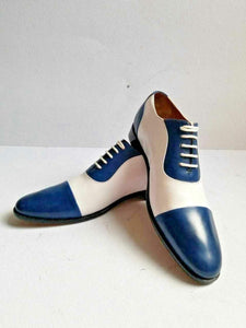 Handmade Men's Leather White Blue Cap Toe Shoes - leathersguru