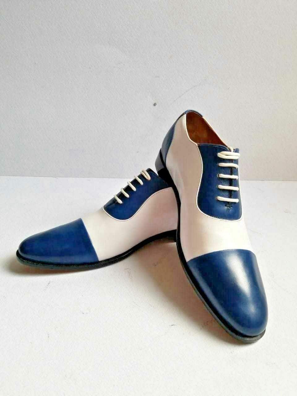 Handmade Men's Leather White Blue Cap Toe Shoes - leathersguru