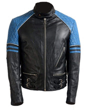 Load image into Gallery viewer, Men Blue Black Branded Motorbike Leather Jacket, Classic Trendy Scooter Fashion Jacket - leathersguru
