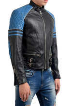 Load image into Gallery viewer, Men Blue Black Branded Motorbike Leather Jacket, Classic Trendy Scooter Fashion Jacket - leathersguru
