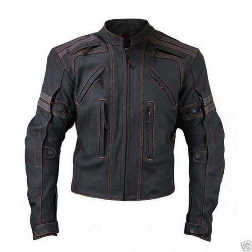 Mens Vulcan Street VTZ Full Black Motorbike Orange Stitching Leather Jacket - leathersguru