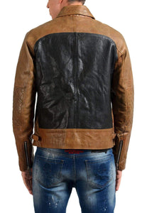 Men Brown Black Branded Motorbike Leather Jacket, Classic Trendy Scooter Fashion Zipper Jacket - leathersguru