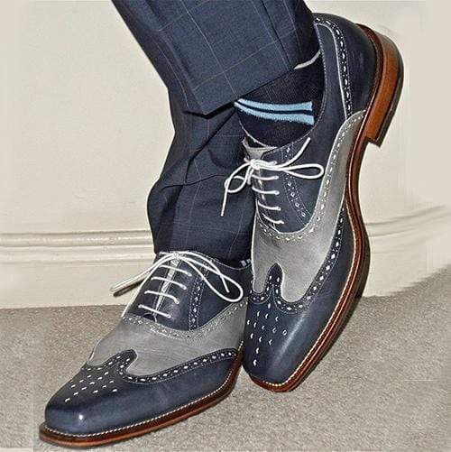 Two tone wing tip brogue Men Blue gray dress oxfords shoes - leathersguru