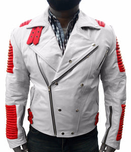 Men's White Red Stylish Zipper Leather Jacket,Fashion Jacket