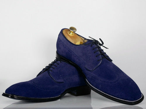 Handmade Blue Wing Tip Suede Dress Formal Shoes - leathersguru