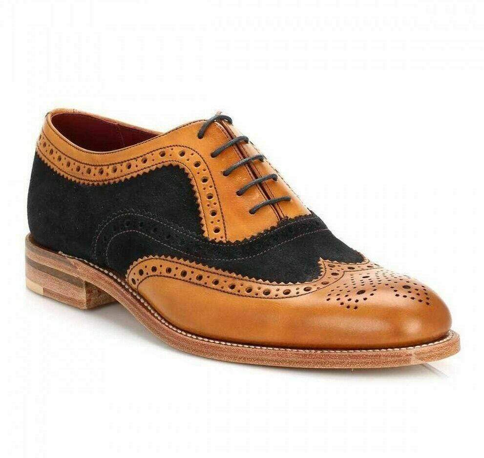 Men's Leather Suede Brown Black Wing Tip Brogue Shoes - leathersguru
