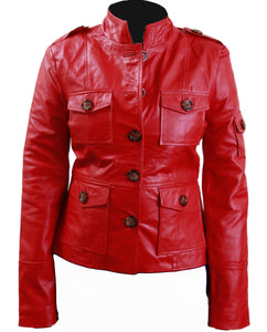 Women  Pink Leather Jacket,Front Four Pocket Stylish Button Jacket