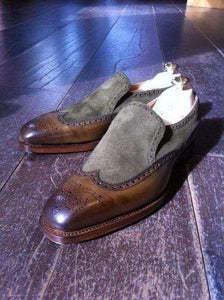 Men's Leather Suede Brown Gray Wing Tip Brogue Shoes - leathersguru