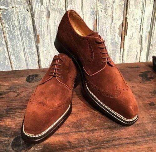 Handmade Men's Suede Brown Wing Tip Shoes - leathersguru