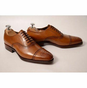 Men's Brown Leather Lace Up Cap Toe Brogue Shoes - leathersguru