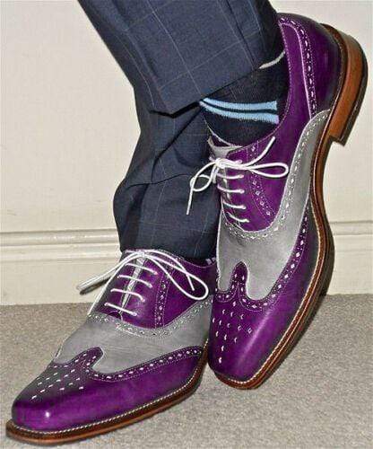 Men's Leather Purple Gray Color Wing Tip Brogue Shoes - leathersguru