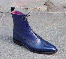 Load image into Gallery viewer, Men&#39;s Ankle High Blue Cap Toe Lace Up Leather Boots - leathersguru
