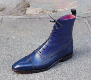 Men's Ankle High Blue Cap Toe Lace Up Leather Boots - leathersguru