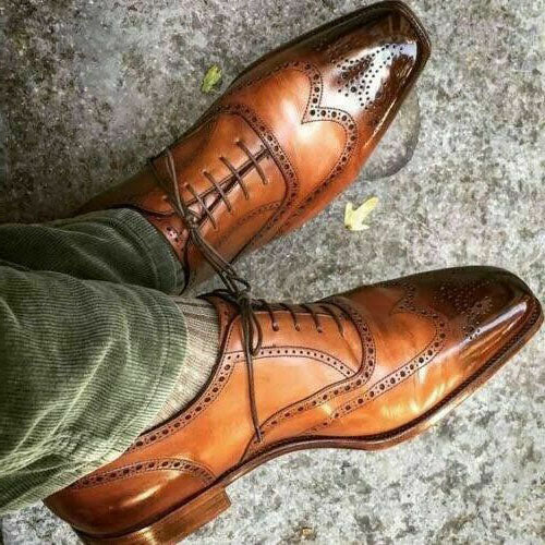 Bespoke Brown Leather Wing Tip Brogue Shoe for Men - leathersguru