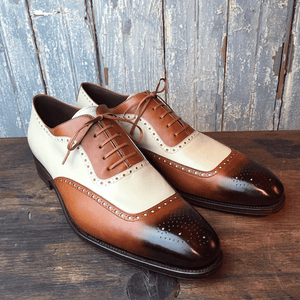 Men's Tan & Beige Leather Lace Up Square Toe Shoes - leathersguru