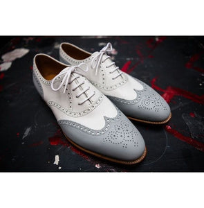 Bespoke White & Gray Leather Wing Tip  Lace Up Shoes for Men's - leathersguru